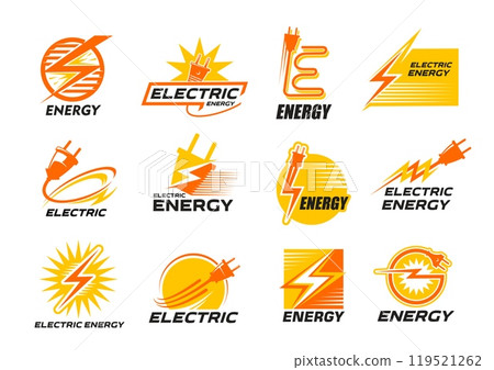 Electric energy icon with vector power lightning or thunderbolt flashes, charge plugs with cord and cable. Electrical supplies isolated symbols with yellow sparks, electric power industry, electricity Electric energy icon with vector power lightning or thunderbolt flashes, charge plugs with cord and cable. Electrical supplies isolated symbols with yellow sparks, electric power industry, electricity 119521262