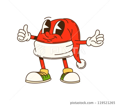 Cartoon groovy Christmas Santa hat character giving a thumbs up, spreading festive winter cheer. Isolated vector cap personage has happy expression and embodies the fun and joyful spirit of Christmas Cartoon groovy Christmas Santa hat character giving a thumbs up, spreading festive winter cheer. Isolated vector cap personage has happy expression and embodies the fun and joyful spirit of Christmas 119521265