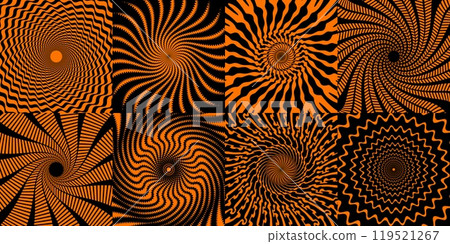 Psychedelic Halloween spiral patterns vector set. Backgrounds with hypnotic swirls, hypnosis effect. Black and orange vortex, illusion of movement and depth with dizzying effect, abstract twirls Psychedelic Halloween spiral patterns vector set. Backgrounds with hypnotic swirls, hypnosis effect. Black and orange vortex, illusion of movement and depth with dizzying effect, abstract twirls 119521267