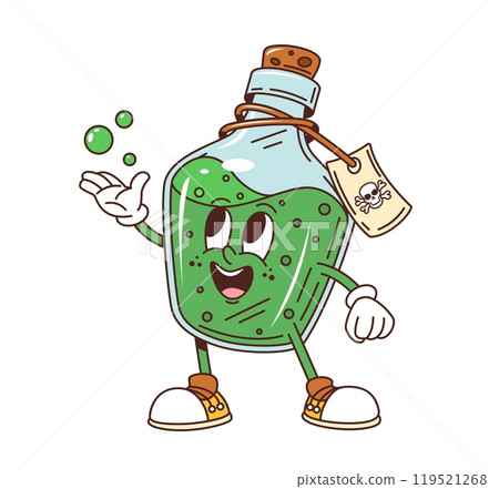 Cartoon groovy Halloween potion bottle character. Isolated vector mystical glass flask, magic or witchcraft vial with green bubbling liquid, corkwood and tag. Retro vintage witch or magician brew 119521268