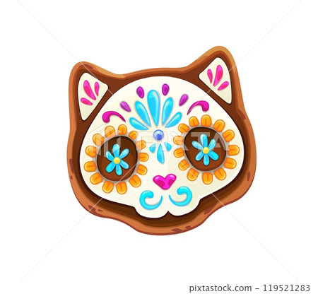 Mexican Day of Dead biscuit cat skull cookie. Mexican Day of the Dead carnival scary pastry, spooky frosted dessert. Mexico Dia de Los Muertos dessert gingerbread cat cookie with marigold icing 119521283