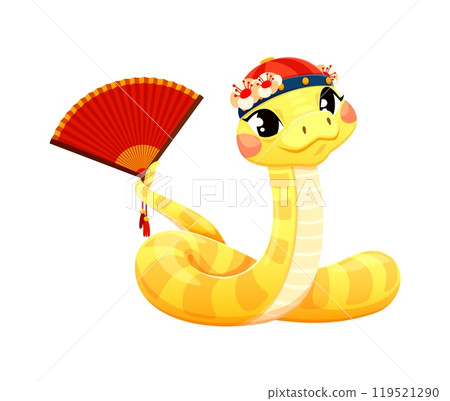 Cute cartoon yellow snake in traditional Chinese hat adorned with flowers and holding a red fan in its tail, smiling warmly. 2025 Chinese lunar year character, zodiac reptile animal holiday symbol Cute cartoon yellow snake in traditional Chinese hat adorned with flowers and holding a red fan in its tail, smiling warmly. 2025 Chinese lunar year character, zodiac reptile animal holiday symbol 119521290
