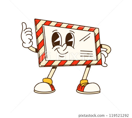 Cartoon groovy Christmas greetings letter character. Isolated vector festive and playful envelope retro personage with red and white striped frame, sneakers, and smiling face, pointing with finger 119521292