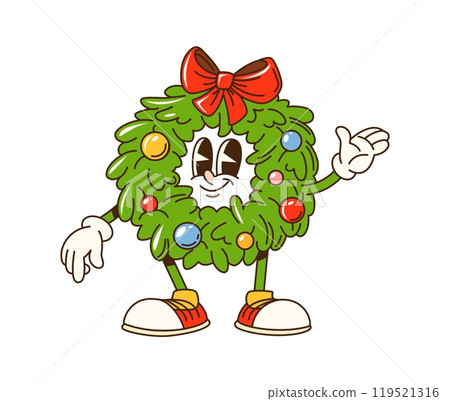 Cartoon groovy Christmas wreath character, adorned with ornaments and red bow. Isolated vector joyful xmas wreath retro personage waving with smiling face. Festive holiday decoration with hippie vibe 119521316