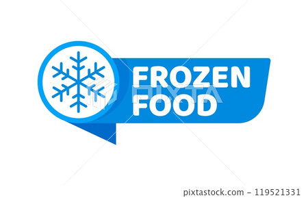 Blue frozen cold product icon with snowflake label for fresh food package, vector badge. Frozen food snowflake label for fresh refrigerated meat, fish and seafood, sign or shock frost product Blue frozen cold product icon with snowflake label for fresh food package, vector badge. Frozen food snowflake label for fresh refrigerated meat, fish and seafood, sign or shock frost product 119521331