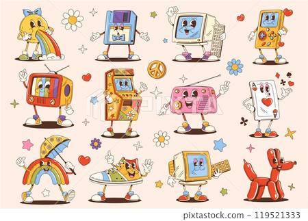 Cartoon retro groovy characters of sun, rainbow, vintage desktop computer and floppy disk. Vector psychedelic arcade game machine, playing card, hippie radio, tv set, puzzle game console, balloon dog Cartoon retro groovy characters of sun, rainbow, vintage desktop computer and floppy disk. Vector psychedelic arcade game machine, playing card, hippie radio, tv set, puzzle game console, balloon dog 119521333