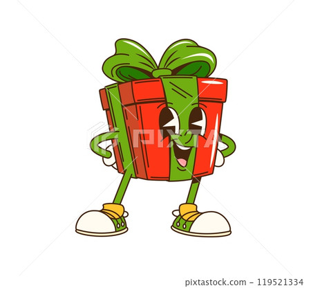 Cartoon groovy Christmas gift box character with a smiling face and arms akimbo. Isolated vector festive present package retro personage with green and red wrapping and a big bow celebrates holiday Cartoon groovy Christmas gift box character with a smiling face and arms akimbo. Isolated vector festive present package retro personage with green and red wrapping and a big bow celebrates holiday 119521334
