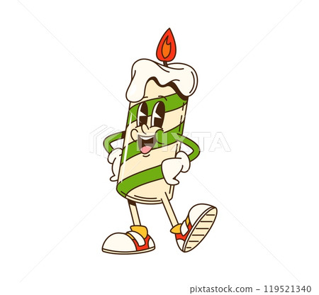 Cartoon groovy Christmas candle character with striped pattern, burning wick and arms akimbo in confident pose. Isolated vector retro lit candle with a cheerful smile and wax dripping down its sides 119521340