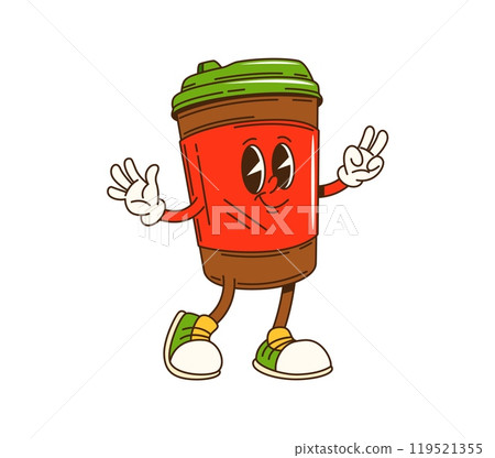 Cartoon groovy Christmas coffee character with cheerful expression and peace sign. Isolated vector disposable cup, fast food personage with playful smiling face. Retro Hot drink mug in green and red Cartoon groovy Christmas coffee character with cheerful expression and peace sign. Isolated vector disposable cup, fast food personage with playful smiling face. Retro Hot drink mug in green and red 119521355