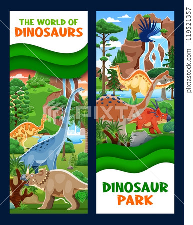 Prehistoric dinosaurs paper cut banners with vector dino animals, jurassic jungle forest and waterfall. Cartoon cute styracosaurus, corythosaurus and centrosaurus, funny argentavis and titanosauria Prehistoric dinosaurs paper cut banners with vector dino animals, jurassic jungle forest and waterfall. Cartoon cute styracosaurus, corythosaurus and centrosaurus, funny argentavis and titanosauria 119521357