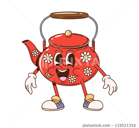 Kettle retro groovy kitchenware and utensil character. Isolated cartoon vector cheerful teapot personage, exuding nostalgic funky vibes. Hot drink pot evokes a sense of joy, coziness and playfulness Kettle retro groovy kitchenware and utensil character. Isolated cartoon vector cheerful teapot personage, exuding nostalgic funky vibes. Hot drink pot evokes a sense of joy, coziness and playfulness 119521358