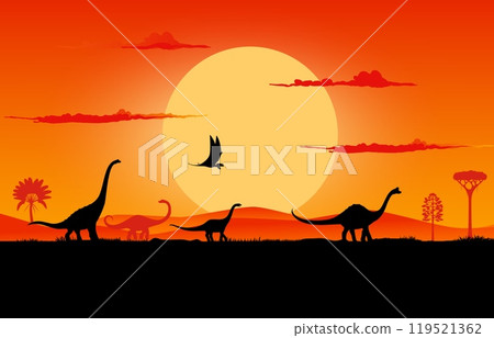 Sunset landscape, prehistoric dinosaur silhouettes on dusk evening background with tall trees. Vector sauropod dino terrain species and flying pterosaur shadows in front of large sun in orange sky 119521362