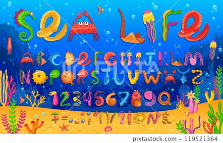 Sea animal font, marine underwater type, aquatic typeface. English alphabet letters and numbers font vector typography set of cartoon sea animals and fish characters, ocean water, seaweed and corals 119521364