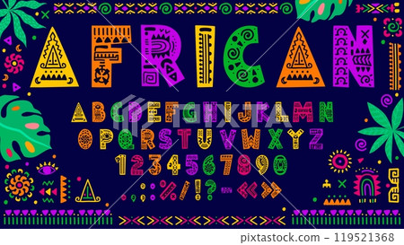 African font, ethnic typeface, tribal type, native english alphabet letters and numbers with vector color geometric pattern. African ethnic tribal alphabet font in folk ornament frame with palm leaves 119521368