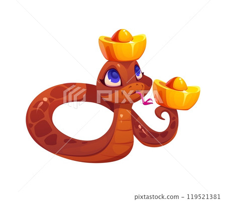 Cartoon snake zodiac character, symbolizing the chinese lunar year 2025. Cute reptile with blue eyes holds gold ingots in its tail and on its head with body is coiled in a loop and tongue sticks out 119521381