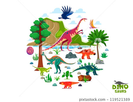 Prehistoric dinosaurs in round shape. Cartoon vector dino characters lambeosaurus, argentavis, bagaceratops or lexovisaurus, psittacosaurus or arrhinoceratops, dimorphodon and anchisaurus at landscape 119521389