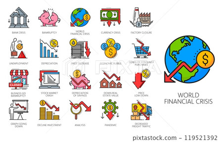 Economic crisis and money loss color line icons, downturn and bankruptcy symbols, vector economy. Financial recession, world finance and bank crisis, oil price decrease, stock market crash outline set Economic crisis and money loss color line icons, downturn and bankruptcy symbols, vector economy. Financial recession, world finance and bank crisis, oil price decrease, stock market crash outline set 119521392