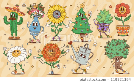 Cartoon groovy plant flower characters with happy smiling faces. Cute retro sunflower, daisy and marigold, Christmas and olive trees vector personages. Psychedelic cactus and watering can characters 119521394