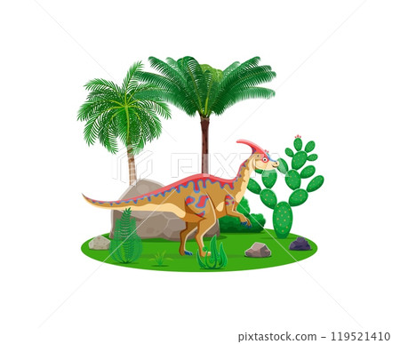 Prehistoric dinosaur character, cartoon Parasaurolophus or Jurassic lizard, vector funny dino. Cretaceous era dinosaur or prehistoric lizard on two legs in jungle forest for kids paleontology animals Prehistoric dinosaur character, cartoon Parasaurolophus or Jurassic lizard, vector funny dino. Cretaceous era dinosaur or prehistoric lizard on two legs in jungle forest for kids paleontology animals 119521410