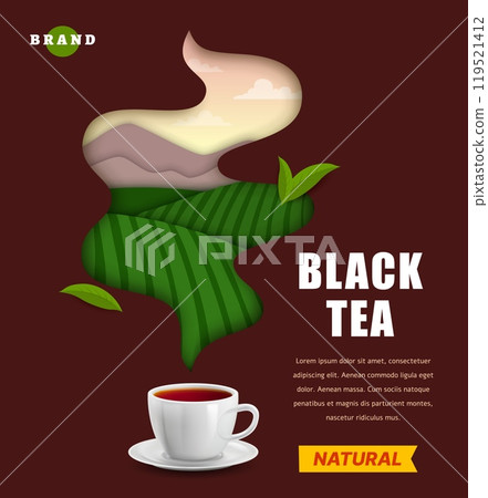 Paper cut tea cup and plantation landscape banner. Vector 3d hot black tea cup or mug with origami paper cut craft wavy steam, plantation terraced hills, mountains, sky and clouds nature landscape 119521412