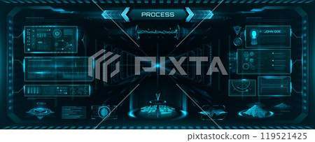 Futuristic HUD interface, game UI vector graphic elements. Hologram screens of future technology dashboard with virtual control panel, graphs and maps. Space game futuristic head up display interface 119521425