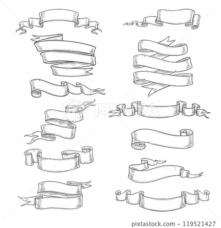 Ribbons, banners, flags and old paper scrolls vector sketches. Vintage blank wavy ribbon, royal pennant, flag and heraldic streamer, parchment scroll, banner and antique manuscript hand drawn sketches Ribbons, banners, flags and old paper scrolls vector sketches. Vintage blank wavy ribbon, royal pennant, flag and heraldic streamer, parchment scroll, banner and antique manuscript hand drawn sketches 119521427