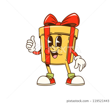 Cartoon groovy Christmas gift box character with a smiling face and thumbs up. Isolated vector retro festive present package with yellow and big red bow celebrates Xmas holiday with funky hippie vibe 119521443