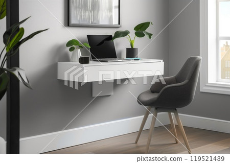 Sleek, minimalist floating desk with a laptop, notepad, and plant decor in a contemporary interior 119521489