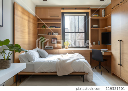 Cozy and stylish minimalist guest room featuring an integrated murphy bed and wooden finish Cozy and stylish minimalist guest room featuring an integrated murphy bed and wooden finish 119521501