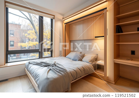 Cozy, space-saving minimalist guest room featuring a murphy bed, sleek shelving and large window with a city view 119521502
