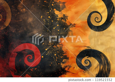 Vibrant orange and black swirls with paint splatters on a textured backdrop Vibrant orange and black swirls with paint splatters on a textured backdrop 119521552