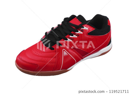 Red sneakers with black laces and white stripes on a white background. 119521711