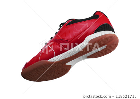 Red sneakers with black laces and white stripes on a white background. 119521713