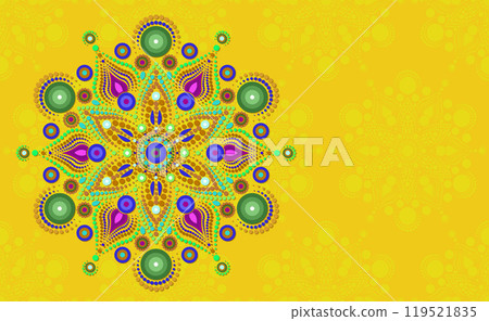 Indian Rangoli flower mandala background, colorful floral circle frame banner template, Vector festive isolated on yellow background with copy space 119521835
