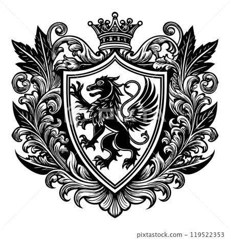 Heraldic shield with royal floral ornament. Vintage crest sign or coat of arms Heraldic shield with royal floral ornament. Vintage crest sign or coat of arms 119522353