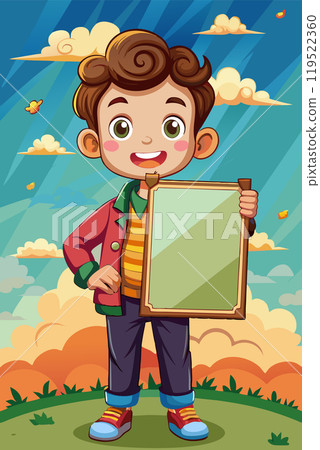 Cute little boy holding blank placard or poster. Board sign with empty space, template for banner 119522360