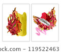 Pitaya slices, bright pink watercolor stain. Hand drawn watercolor illustration of ripe exotic dragon fruit for background, card, design 119522463