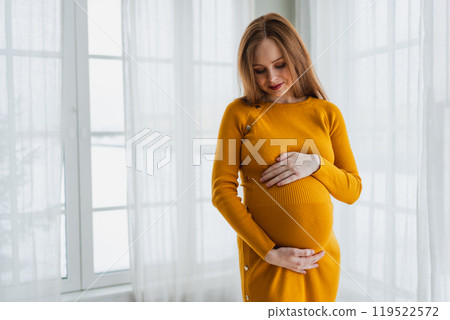 Pregnancy motherhood people expectation future. Pregnant woman with big belly standing near window at home. Girl hugging her tummy enjoying pregnancy. Maternity tenderness parenthood new life concept 119522572