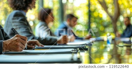 A group of people is sitting at a table, engaged in writing on clipboards 119522640