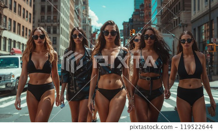 A group of women wearing colorful bikinis are walking down a busy city street 119522644