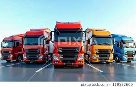 A long row of semi trucks is parked in a large parking lot area A long row of semi trucks is parked in a large parking lot area 119522660