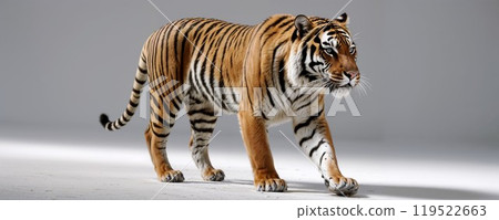 A magnificent tiger is walking gracefully across a white surface A magnificent tiger is walking gracefully across a white surface 119522663