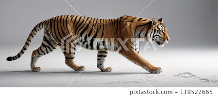A magnificent tiger is walking gracefully across a white surface A magnificent tiger is walking gracefully across a white surface 119522665
