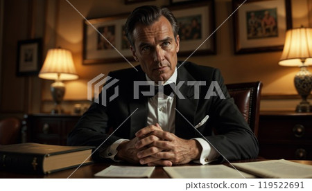 A man in a tuxedo and bow tie sits at a desk with hands folded 119522691