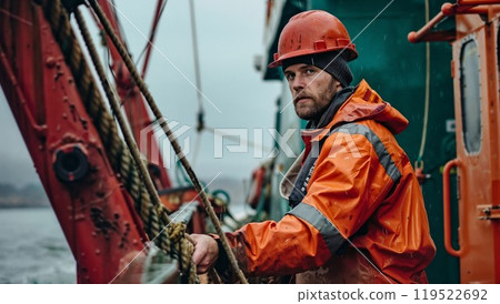 A man in an orange jacket and hard hat holds a rope on a boat 119522692