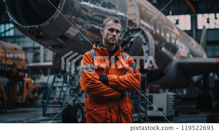 A man in an orange jacket stands in front of an airplane 119522693