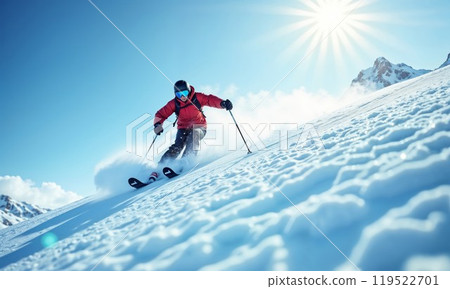 A man skis gracefully down a snowy slope on a sunny day 119522701