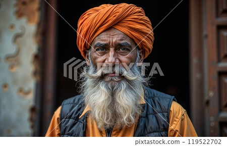 A man sporting a beard and a turban is standing confidently in front of a door A man sporting a beard and a turban is standing confidently in front of a door 119522702