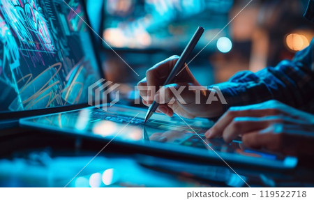 A person is skillfully using a pen to draw creatively on a tablet A person is skillfully using a pen to draw creatively on a tablet 119522718