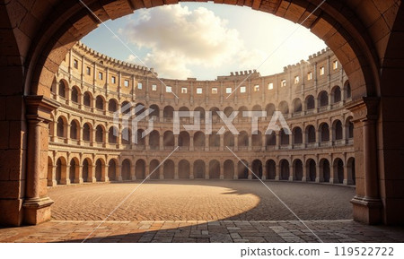 A picturesque view of the interior of the colosseum seen through an archway A picturesque view of the interior of the colosseum seen through an archway 119522722